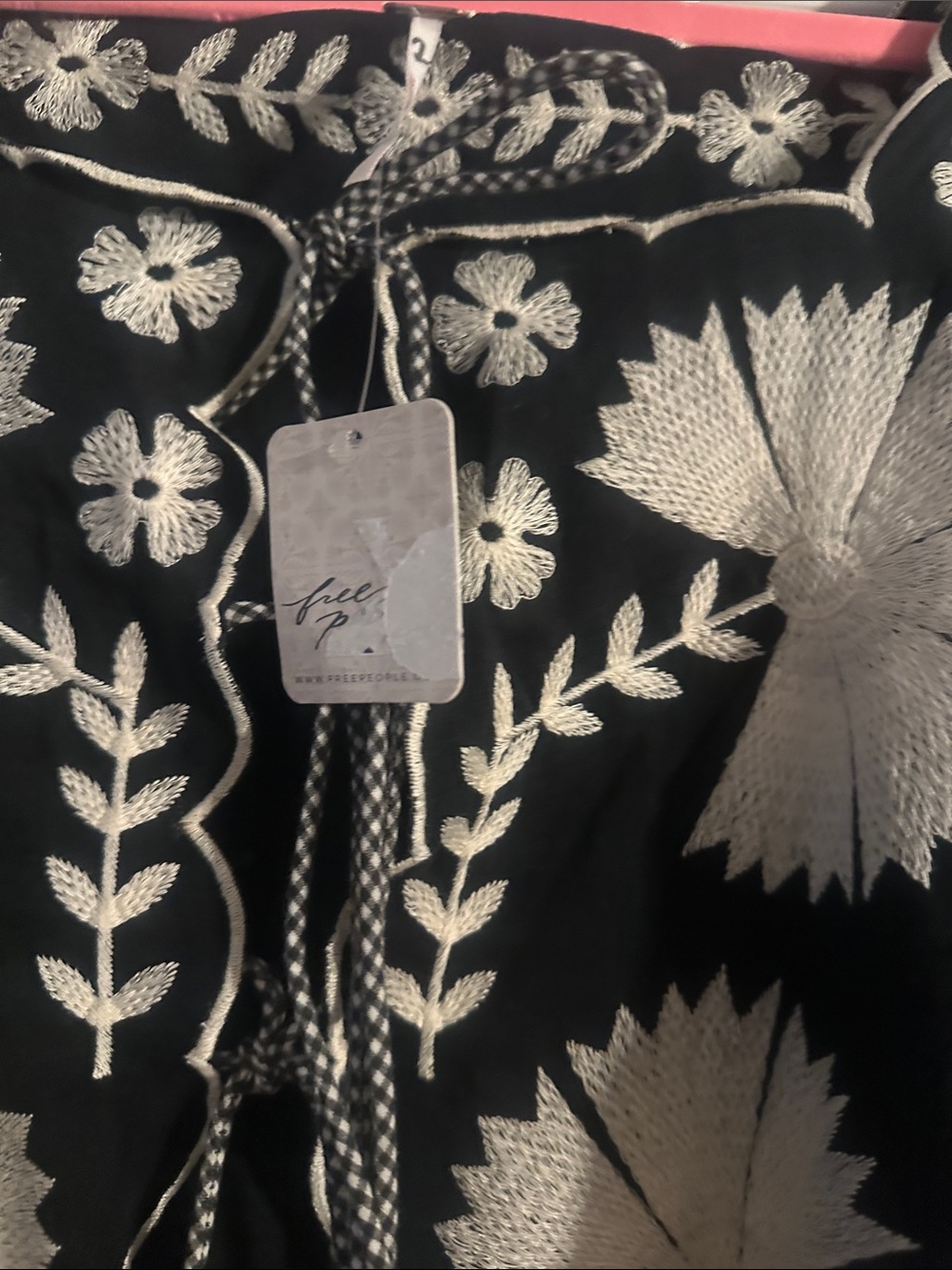 Free People Black Cropped Peasant Top with Cream Embroidery - Picture 5 of 6